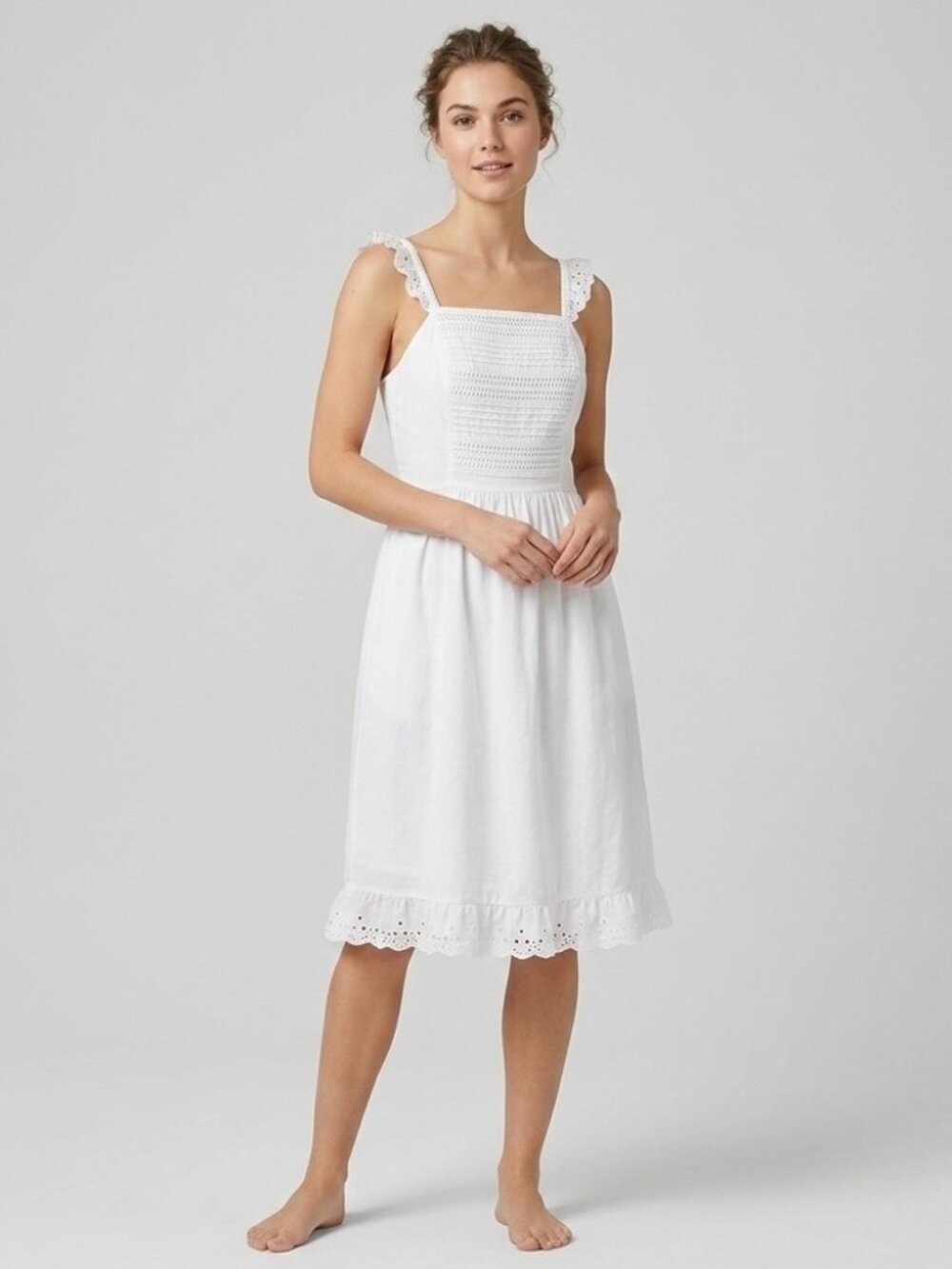 White Embroidered Indian Cotton Sleeveless Dress - Small